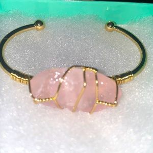 Natural Rose Quartz stainless steel gold plated bangle bracelet